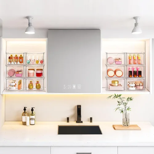 Miniatura 6 de caktraie Paquete de 6 pequeños cajones apilables para baño, organizador de maquillaje acrílico para baño, contenedores de almacenamiento de plástico