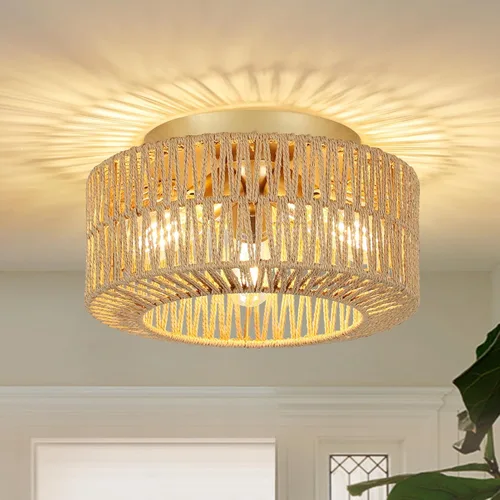 PAUFUL Lámpara bohemia de 3 luces, lámpara de techo de ratán de granja, montaje empotrado con pantalla tejida a mano, lámpara moderna para sala,