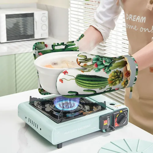Miniatura 6 de Juego de manoplas de horno de cactus y soportes para ollas, guantes de horno de silicona resistentes al calor para cocinar, guantes de horno