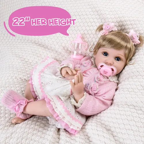 Miniatura 7 de Aori Muñecas Reborn de 22 pulgadas – Muñeca de bebé realista para niños de 3 años en adelante – Bebé recién nacido realista con traje rosa – Cuerpo