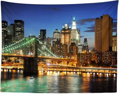 Loccor Tapiz de la ciudad de Nueva York, puente de Brooklyn, Manhattan, horizonte nocturno, río Hudson, tapiz de pared de rascacielos urbano de
