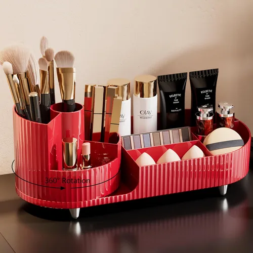 Miniatura 4 de COMFYROOM Organizador de maquillaje para tocador con soporte para brochas, organizador de maquillaje cosmético de 3 capas, organizador de maquillaje