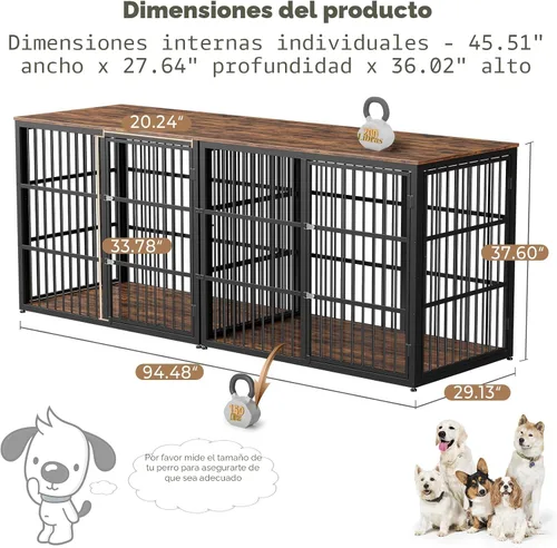 Miniatura 7 de Lyromix 94.48'' Mueble de jaula para perros de raza grande con soporte para TV de dos habitaciones, mesa auxiliar de jaula para perros de madera