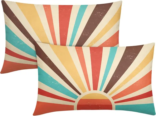 Miniatura 5 de Juego de 2 fundas de almohada verdes bohemias de 16 x 16 pulgadas, diseño bohemio, amanecer, puesta de sol, estampado abstracto de sol, fundas