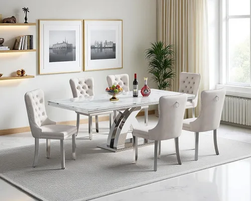 Miniatura 2 de Moderno juego de mesa de comedor de mármol sintético de 68.11 pulgadas para 6, mesa de comedor de mármol blanco y plateado con 6 sillas de Blanco