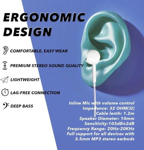 Miniatura 12 de Auriculares con cable con micrófono, auriculares intrauditivos de 0.138 in con control de volumen en línea, auriculares enchufables para portátiles