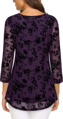 Miniatura 2 de VALOLIA Blusa de manga 34 para mujer, estilo casual, holgada, floral, de malla, plisada, en capas