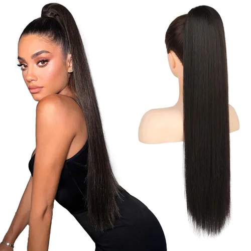 Flufymooz - Extensión de cola de caballo de 26 pulgadas, extensiones de cabello con cordón y clip rectas, cola de caballo falsa natural suave, para
