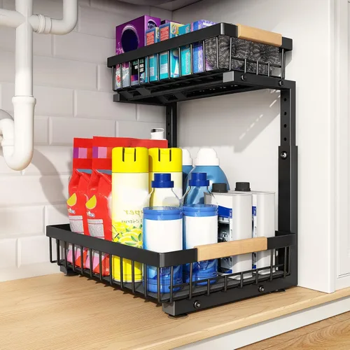 Miniatura 17 de PXRACK Paquete de 1 organizador debajo del fregadero, altura ajustable, organizador extraíble de 2 niveles para debajo del gabinete, almacenamiento