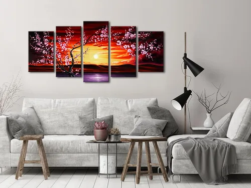 Miniatura 2 de Wieco Art 5 piezas de lienzo con diseño de flor de ciruelo, arte de pared, cuadros florales abstractos, pinturas decorativas para decoración