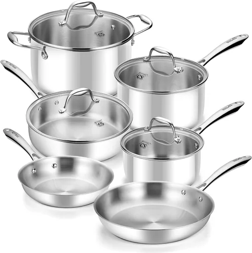 KOCH SYSTEME CS Juego de utensilios de cocina de acero inoxidable de tres capas, 10 piezas, juego profesional de ollas y sartenes de acero Stianless