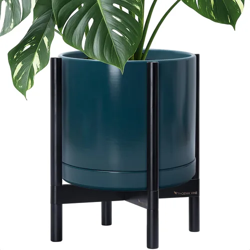 Miniatura 61 de D'vine Dev Maceta de cerámica con soporte de ébano – Maceta redonda moderna de 8 pulgadas con soporte para maceta de madera, color negro, 55-B-M-2