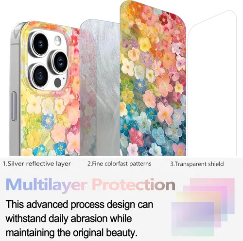 Miniatura 2 de I-MGAE-IN-AR Funda compacta para iPhone 13 Pro, diseño colorido de flores iridiscentes, protección de grado militar a prueba de golpes, funda