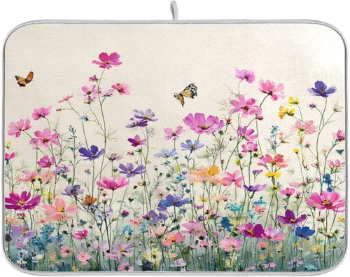 Miniatura 28 de Tapete de secado de platos de primavera naranja con flor de amapola para encimera de cocina, tapete escurridor absorbente de microfibra, tapete