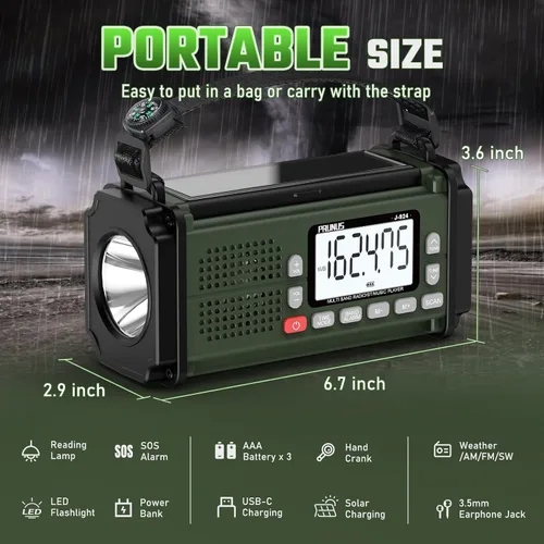 Miniatura 5 de PRUNUS J-924 10000mAh/37000mWh Radio de emergencia con manivela, pilas AAA, radio de emergencia solar, radio meteorológica NOAA AM/FM/SW, carga USB