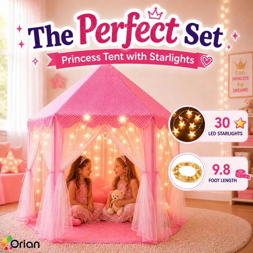 Miniatura 3 de ORIAN Tienda de campaña Princess Castle Playhouse para niñas con luces LED de estrella – Para interiores y exteriores, tienda de campaña grande