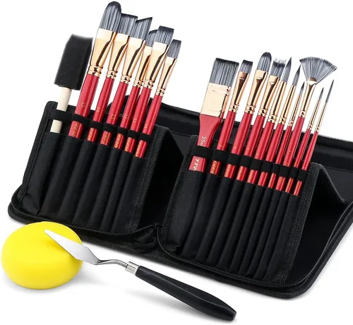 Miniatura 6 de Transon Kit de 20 pinceles de pintura artística con estuche de almacenamiento, 16 pinceles + espátula de esponja para aceite acrílico, acuarela, Rosa