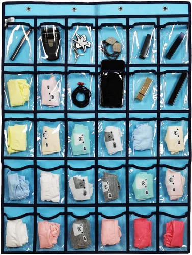 Tabla de bolsillo para el aula para calculadora de teléfono, organizador de joyas para colgar sobre la puerta, armario colgante con 30 bolsillos Azul