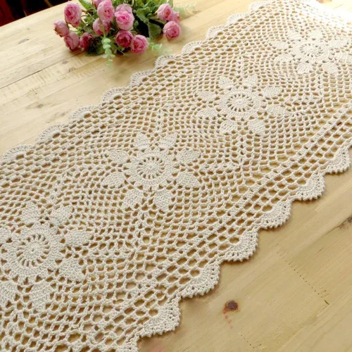 Miniatura 6 de KEPSWET Camino de mesa rectangular de encaje de ganchillo hecho a mano con girasol de algodón para decoración de mesa auxiliar
