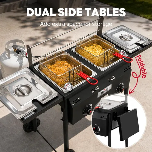 Miniatura 8 de Freidora profunda al aire libre de propano Feasto, tanque doble con quemadores independientes dobles de hierro fundido y termómetros, olla