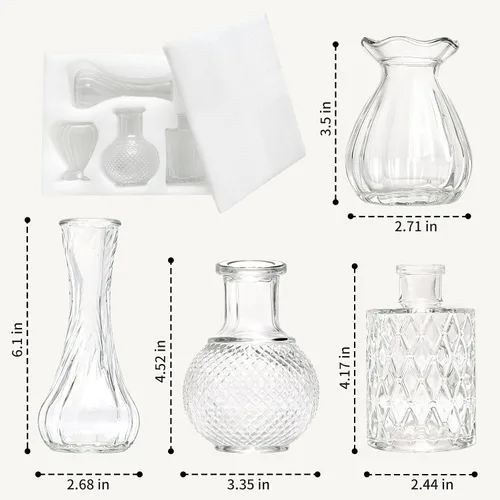 Miniatura 2 de KJHL Juego de 4 jarrones pequeños de cristal para flores, jarrones de flores pequeños transparentes vintage para centros de mesa de boda, mini