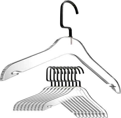 Miniatura 14 de Designstyles - Perchas de acrílico transparente, paquete de 10 organizadores de armario elegantes y resistentes con ganchos de acero cromados, Negro