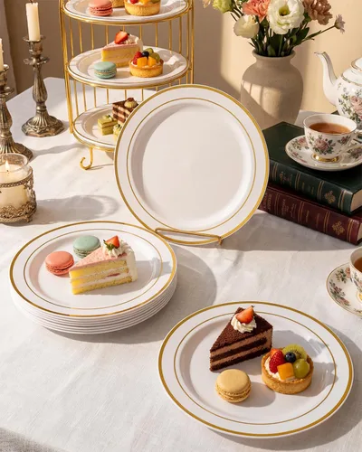 Miniatura 4 de bUCLA - 100 unidades de platos de plástico dorado - 10.25 pulgadas, platos blancos y dorados desechables para fiestas - Ideal para bodas, fiestas