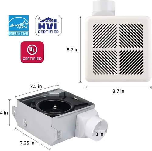 Tech Drive Extractor de baño muy silencioso, 50 CFM, 1.2 Sone, no necesita acceso al ático, certificado Energy Star, fácil de instalar, conducto de