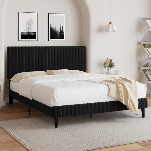 Miniatura 22 de BarnFurin Marco de Cama Individual/Cama de Plataforma Tapizada de Terciopelo con Cabecero y Pie de Cama Capitoné de Canal Vertical Ajustable/No Azul