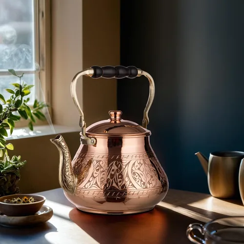 Miniatura 5 de DEMMEX Tetera grande de cobre, 0.039 in de grosor, grabada, hecha a mano en Turquía, 3.1 cuartos (2.9L)
