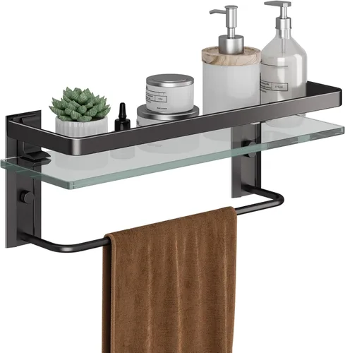 Miniatura 14 de Danpoo Estante de Pared de Vidrio Templado Transparente, Organizador de Montaje en Pared para Baño, Cocina (Negro Mate)