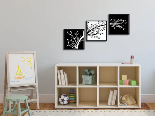 Miniatura 2 de Wieco Art - Hojas enmarcadas modernas de 3 paneles, arte de flores en lienzo, impresiones en negro y blanco, árboles florales abstractos, pinturas