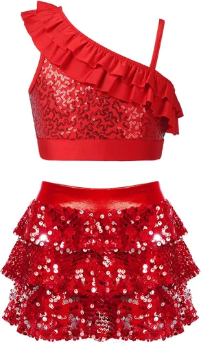 Miniatura 81 de JEATHA Top corto con borlas y lentejuelas brillantes para niñas, con minifalda, jazz latino, salsa, samba, rumba, baile