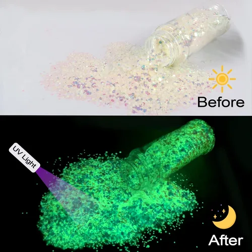 Miniatura 2 de Ceya Brillantina que brilla en la oscuridad, 3.3 onzas/3.35 oz, mezcla de purpurina blanca luminosa y gruesa, copos de polvo fino, lentejuelas