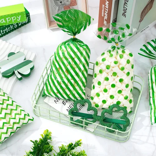 Miniatura 4 de Whaline 160 bolsas de celofán verde, bolsas de regalo para el día de San Patricio, bolsas de regalo transparentes verdes y blancas con rayas Rosado