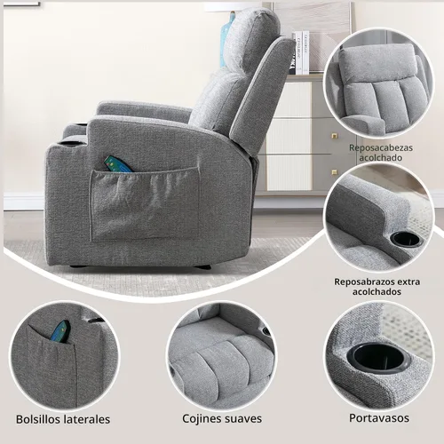 Miniatura 6 de CANMOV Silla reclinable manual con masaje y calor, cómodo sofá reclinable con brazos y respaldo acolchados, sofá reclinable manual individual con 2
