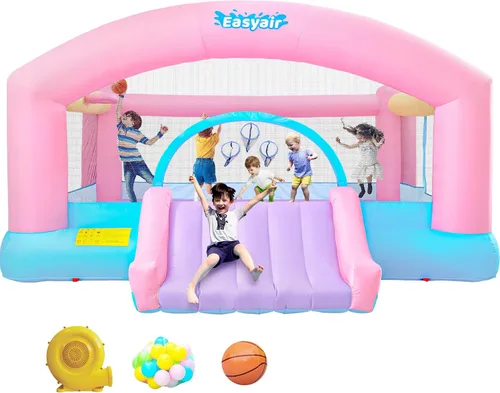 Miniatura 8 de Gran Casa de Rebote para Niños Grandes, Saltador Inflable con Tobogán de 14.8 x 14.5 Pies con Soplador de 650W, Aro de Baloncesto, Juego de Lanzar