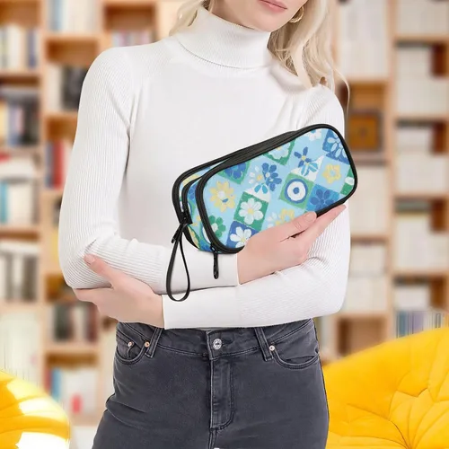 Miniatura 7 de Bolsas de lápices de nailon para niñas, flores de cerezo azul japonés, gran capacidad, estuche para lápices universitarios, organizador de papelería