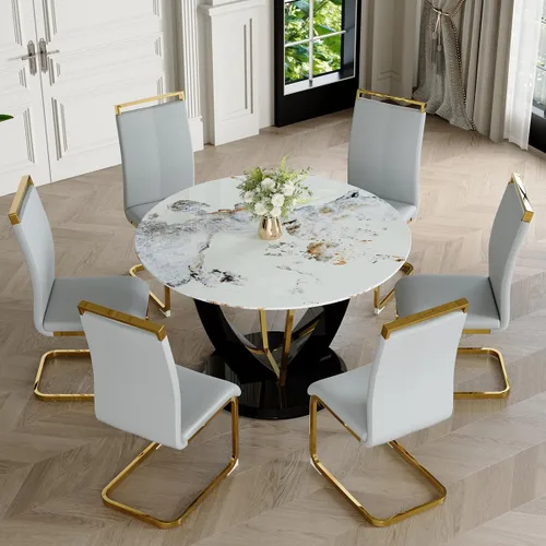 Miniatura 42 de Juego de mesa de comedor redonda para 4, mesa moderna de 48" con tapa de mármol sintético falso y pedestal brillante negro, juego de mesa de cocina