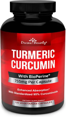 Curcumina de cúrcuma con extracto de pimienta negra BioPerine - 755 mg por cápsula, 120 cápsulas veganas - Tumérico sin OMG, estandarizado al 95% de