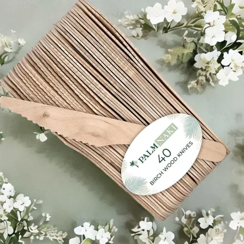 Miniatura 7 de PALM NAKI Birchwood Cutlery - 40 unidades - Vajilla desechable, ecológica, cubiertos compostables y biodegradables (cuchillos, paquete de 40)