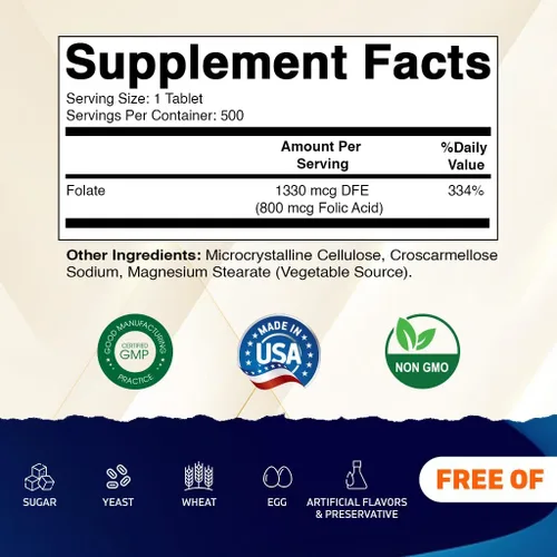 Miniatura 2 de Vitamatic Ácido fólico 800 mcg - 500 Tabletas Vegetarianas - Vitamina B9