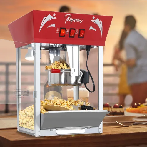 Miniatura 7 de Máquina para hacer palomitas de maíz, caldera de 12 onzas de acero inoxidable, máquina comercial de palomitas de maíz con vidrio templado, Rojo