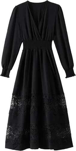 Miniatura 22 de Vestido largo de encaje para mujer de manga corta y cuello en V, vestido de fiesta estilo bohemio con cintura fruncida, vestido bohemio para mujer
