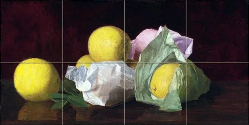 Still Life of Fruits Lemons in Tissue Paper by William Joseph McCloskey Tile Mural Kitchen Bathroom Wall Backsplash Behind Stove Range Sink