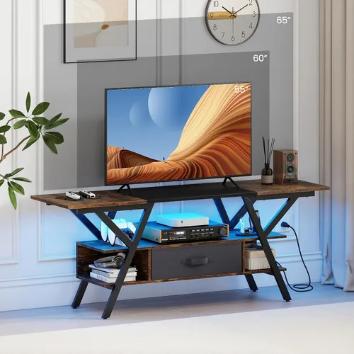Miniatura 6 de Giantex Soporte de TV con tomas de corriente para TV de 55 a 65 pulgadas, centro de entretenimiento de 3 niveles con luces LED y control remoto