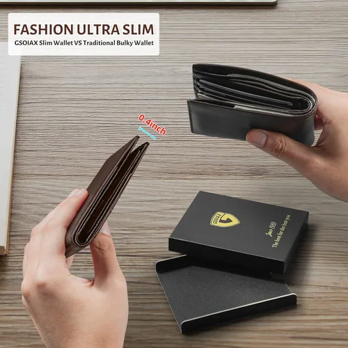 Miniatura 35 de GSOIAX Cartera delgada de cuero plegable RFID para hombre, billetera minimalista con bolsillo frontal con clip para dinero, 12 ranuras para Negro