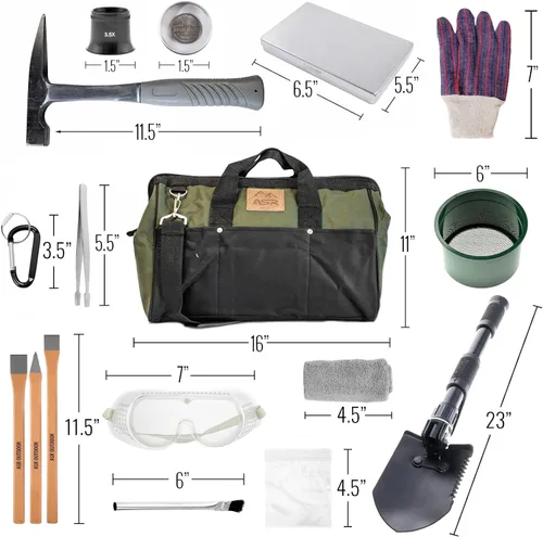 Miniatura 2 de ASR Outdoor Kit de equipo de Rockhounding para principiantes de 40 piezas con bolsa de herramientas, cinceles, martillo de selección de rocas