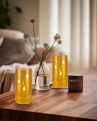 Miniatura 5 de Enido Oro Juego de 2 Piezas Velas LED Sin Llama Cónicas 3-en-1 con Control Remoto, Juego de Pilares de Acrílico que Funcionan con Baterías, Luces