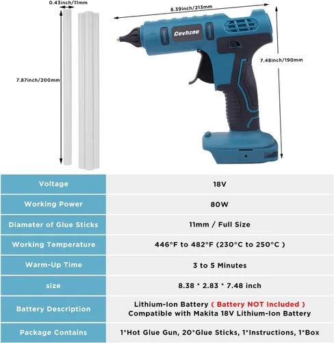 Miniatura 9 de Pistola de pegamento inalámbrica, pistola de pegamento caliente de tamaño completo para batería de iones de litio de 18 V Makita con 20 barras